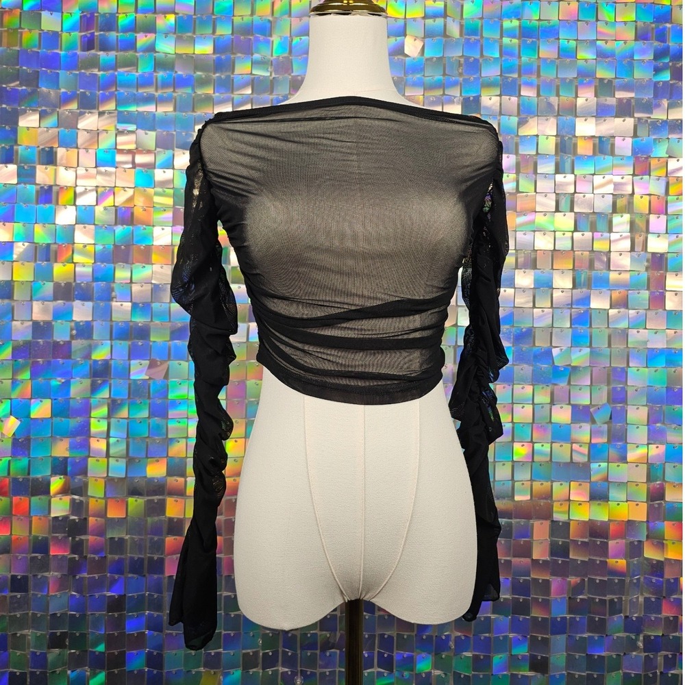 SHEIN Mesh Ruched Crop Top Womens Size S Black Excellent Long Sleeve Flared Cuff